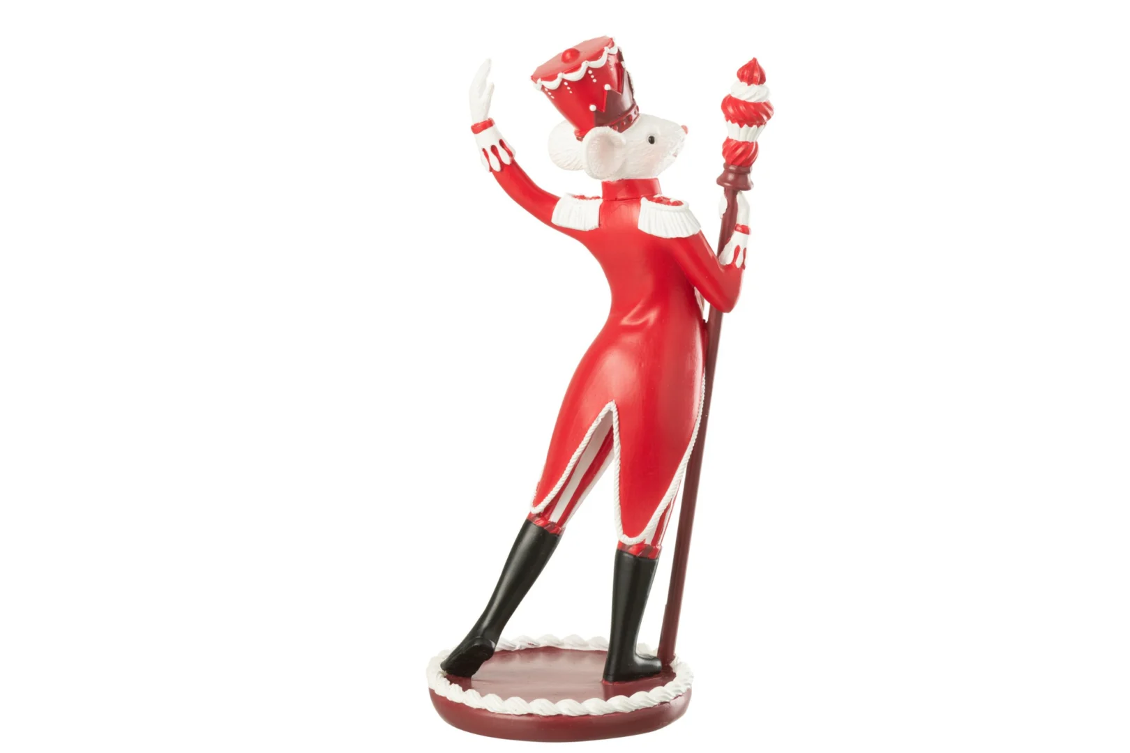 Decoratie Grubia Rood, feestelijk rood muisfiguur met staf en klassieke winterafwerking