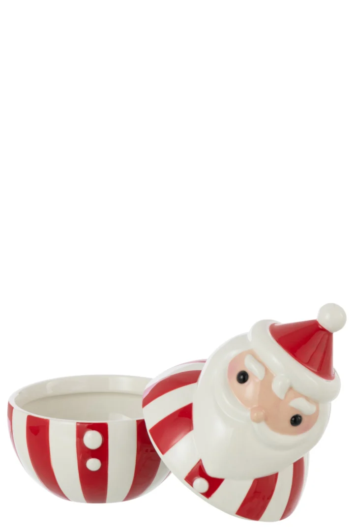 Kom Cardine Dolomiet Rood: feestelijke kerstkom met deksel, rode strepen en Santa-design van dolomiet