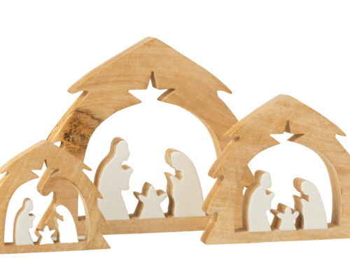 Kerststal Teilvas van mangohout met witte figuren en boomvormig ontwerp