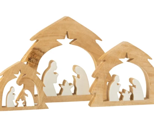 Kerststal Teilvas van mangohout met witte figuren en boomvormig ontwerp