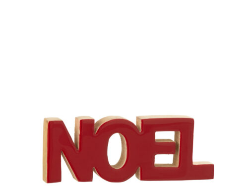 Kerstdecoratie Noël Shiny rood mangohout met slanke letters en natuurlijke houten rand, 22 cm hoog