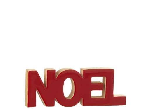 Kerstdecoratie Noël Shiny rood mangohout met slanke letters en natuurlijke houten rand, 22 cm hoog
