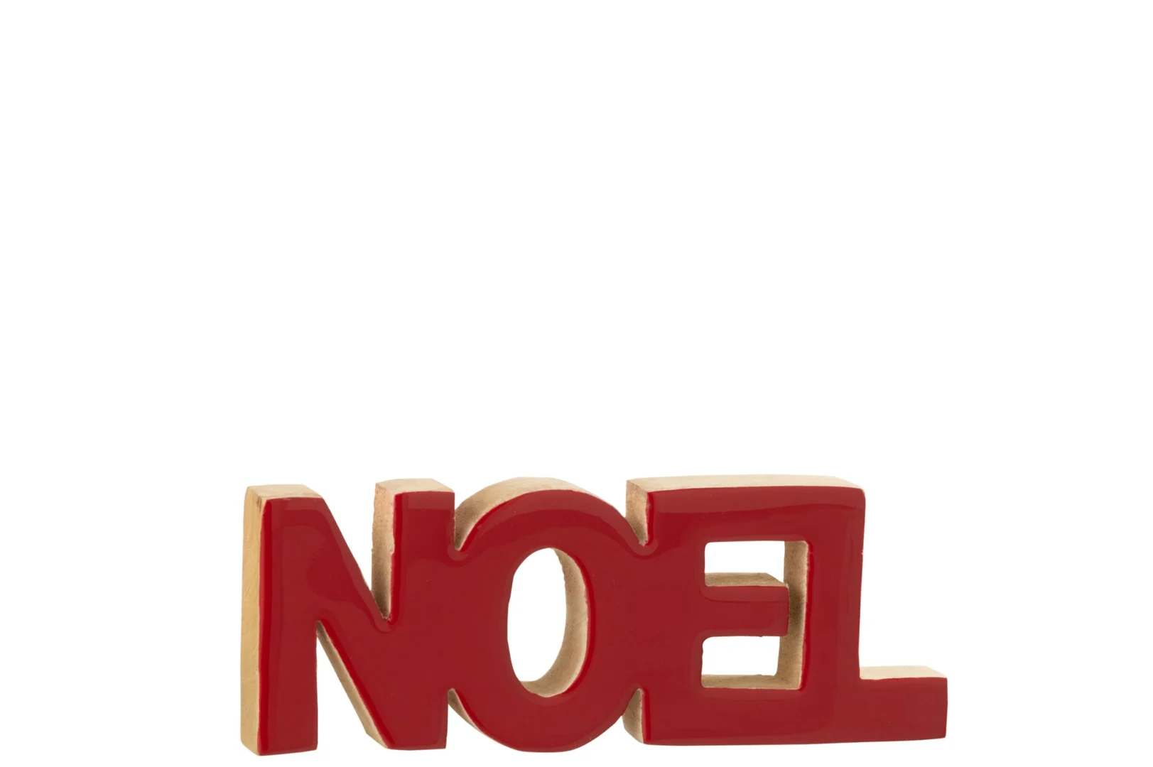 Kerstdecoratie Noël Shiny rood mangohout met slanke letters en natuurlijke houten rand, 22 cm hoog