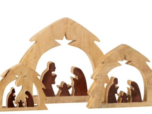 Kerststal Kleelty mangohout naturel in boomvorm met warme, rustieke afwerking en figuren in hout