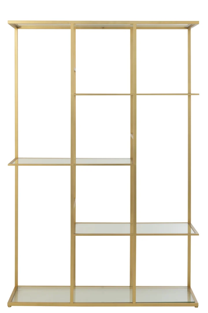 Goudkleurig Rek Proves Metaal 120 cm met ijzeren frame en glazen planken, slank en hoog ontwerp