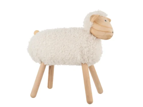 Decoratiefiguur Gendun schaap van nepbont en beukenhout in naturel, H45 cm, zacht en sfeervol in huis