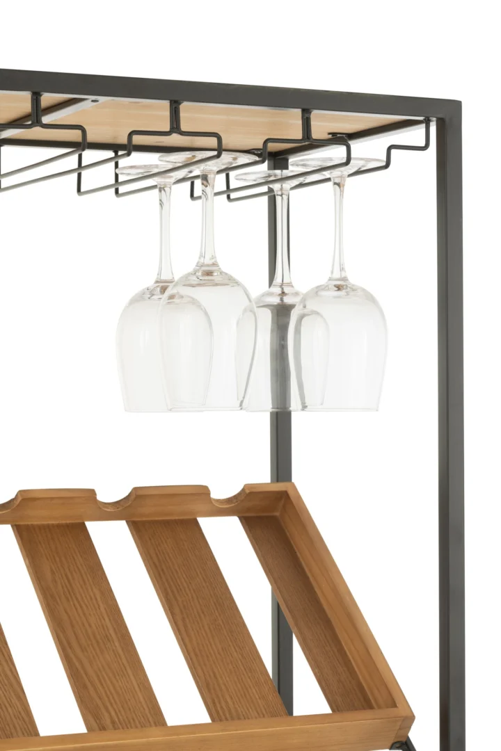 Barmeubel Kloormil beige met glazen rek en houten wijnhouder, strak metalen frame