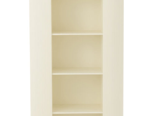Rek Beirnol MDF 84 cm in wit en goud, hoge smalle kast met open vakken en metalen poten