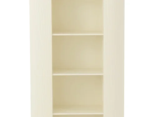 Rek Beirnol MDF 84 cm in wit en goud, hoge smalle kast met open vakken en metalen poten