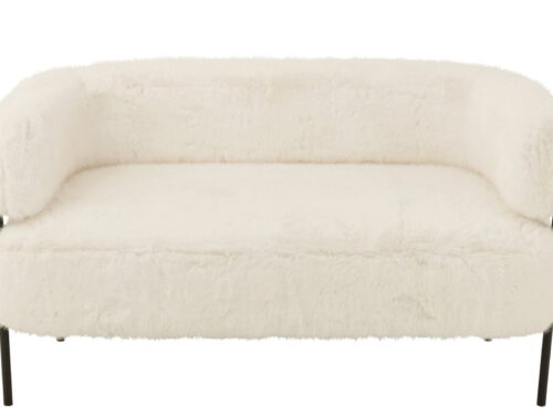 Vinton 2-zitsbank in wit bontlook met slanke zwarte metalen poten, compact en modern
