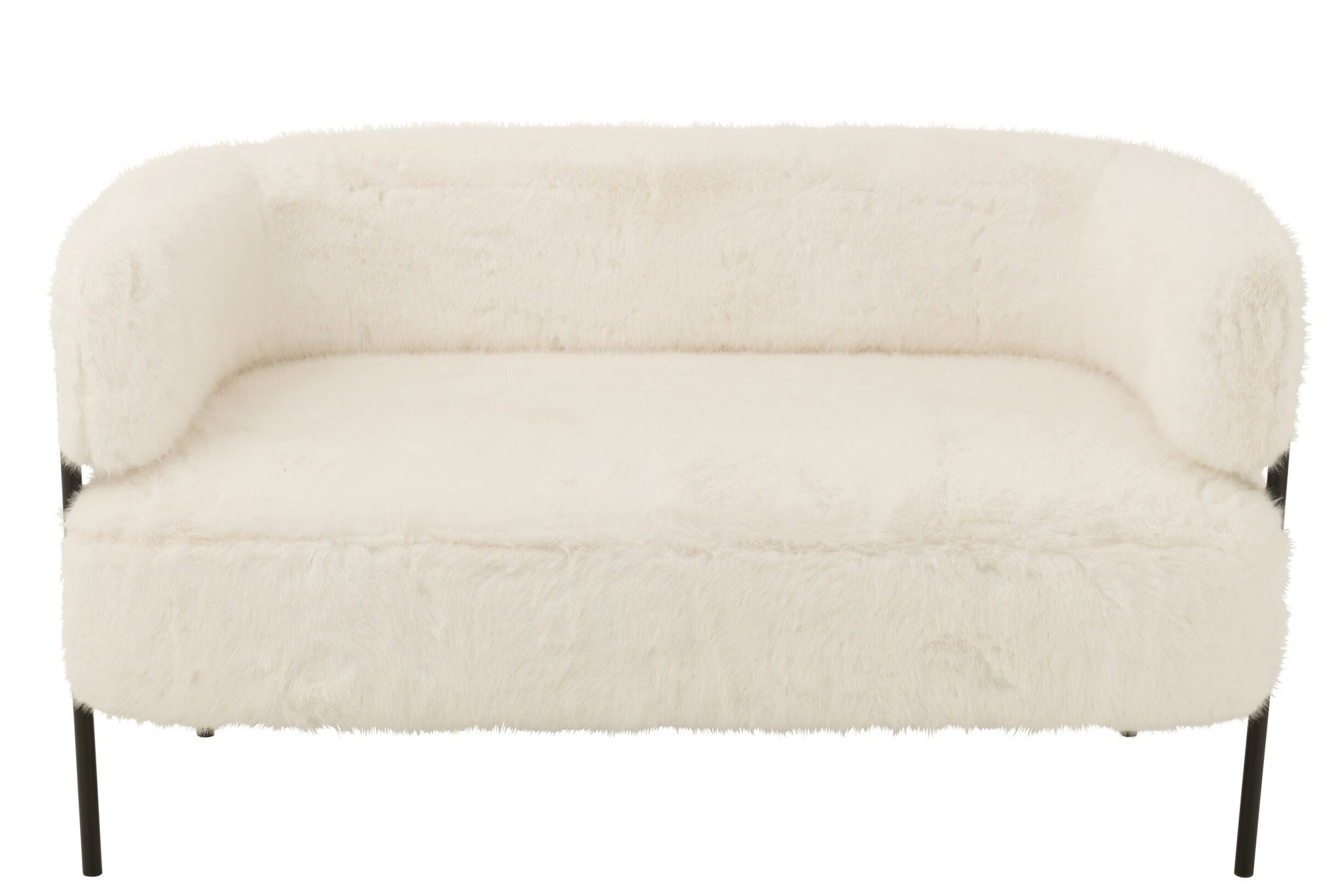 Vinton 2-zitsbank in wit bontlook met slanke zwarte metalen poten, compact en modern