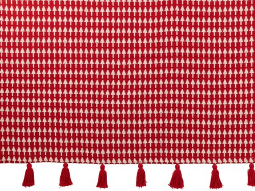 Jaadu rode katoenen kerstdeken met wit kerstbomenmotief en rode kwastjes, 180 x 130 cm