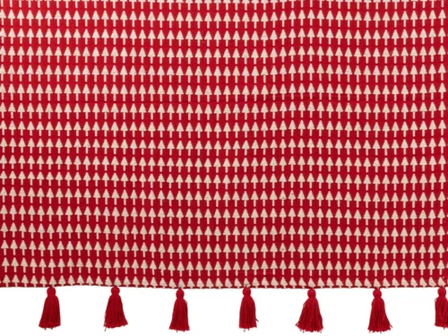 Jaadu rode katoenen kerstdeken met wit kerstbomenmotief en rode kwastjes, 180 x 130 cm