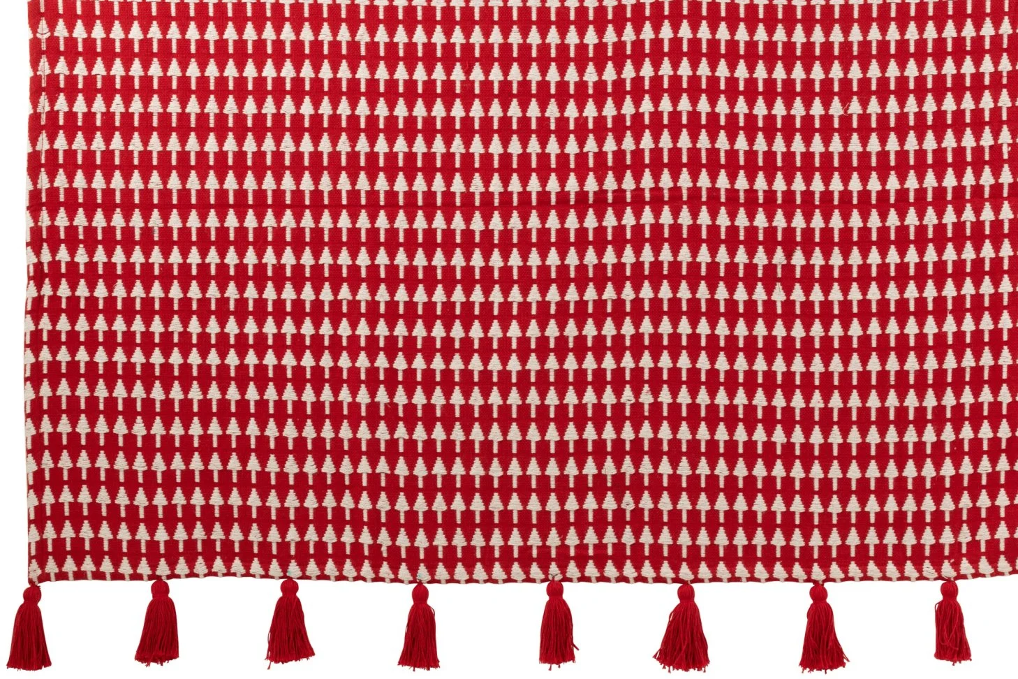 Jaadu rode katoenen kerstdeken met wit kerstbomenmotief en rode kwastjes, 180 x 130 cm
