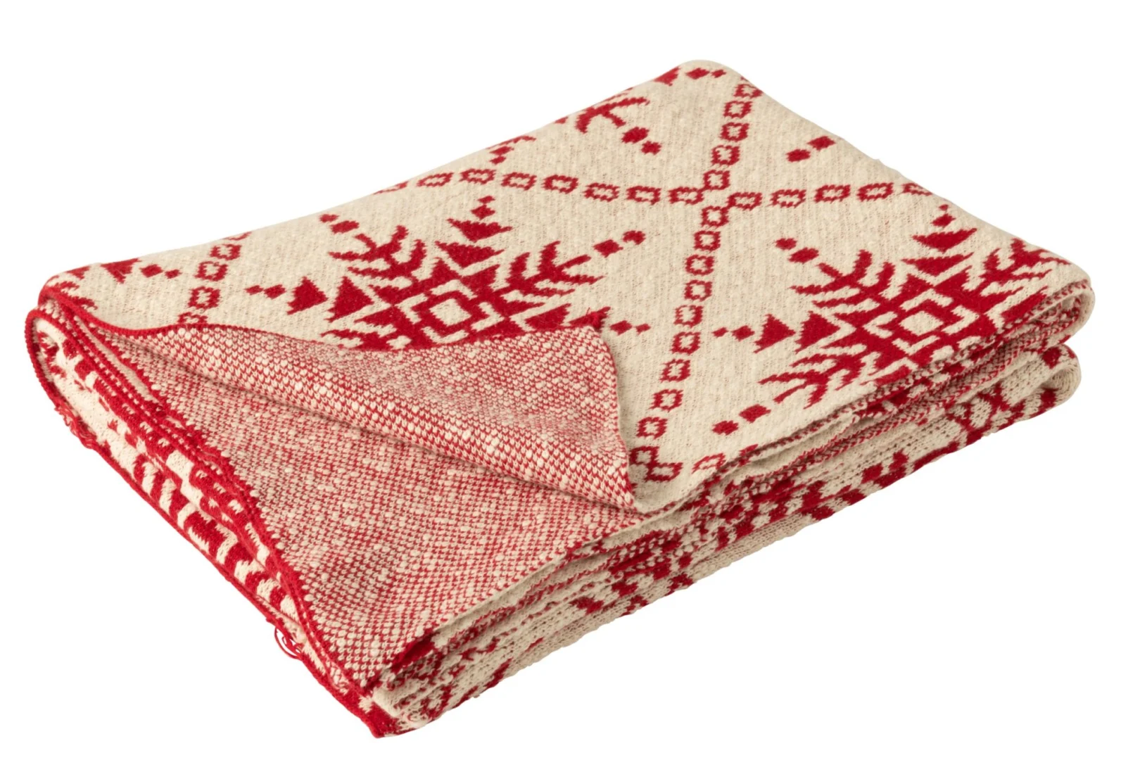 Deken Flaudand Wit, opgevouwen witte katoenen plaid met rood winterpatroon, 180 x 130 cm