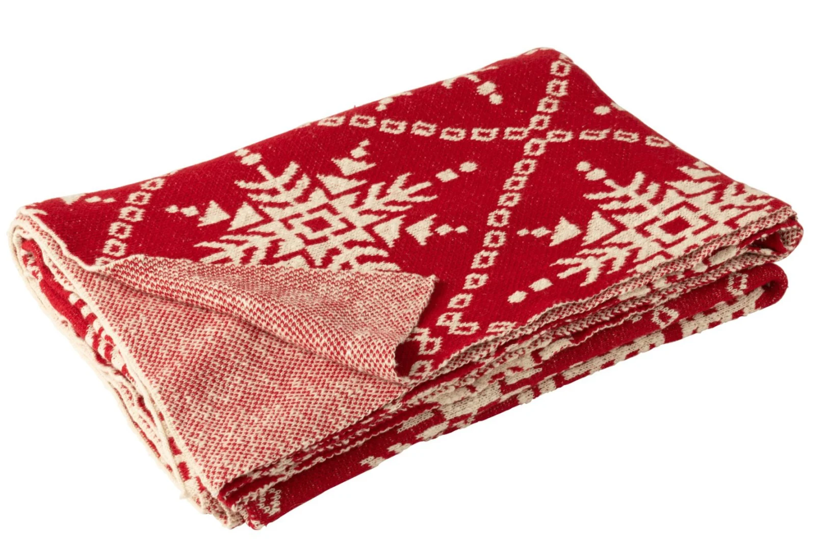 Deken Filtella Rood met rood-wit sneeuwvlokkenpatroon, opgevouwen katoenen kerstdeken voor een warme sfeer