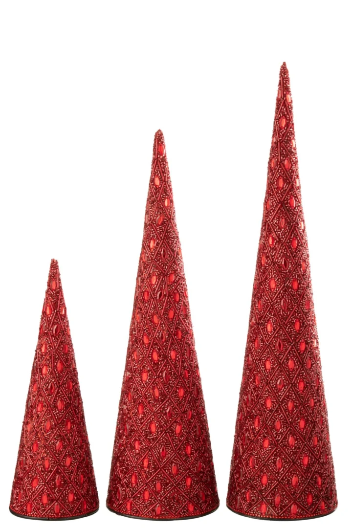 Decoratie Brinos metalen rode kerstconussen set van 3 met kralen en slank design
