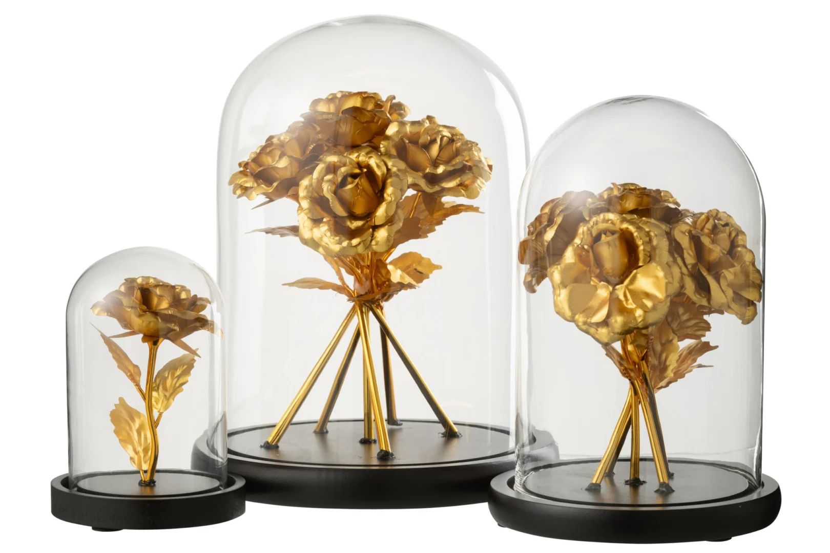 Kunstbloem Nemmano Glas Goud met rozen in stolp, goudkleurig decoratief boeket op zwarte basis