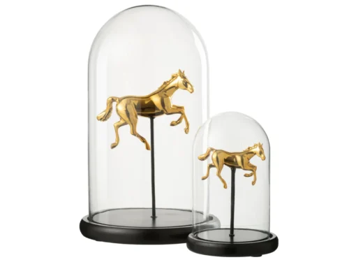 Decoratie Ceessira Glas Goud met goudkleurig paardenbeeld onder glazen stolp, stijlvol zwart woonaccessoire