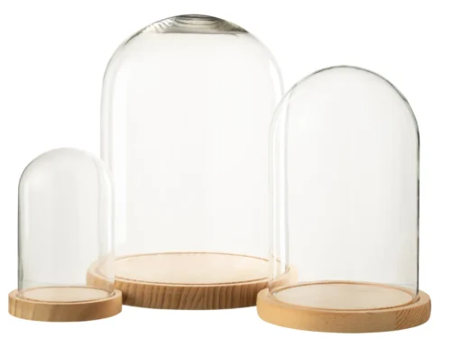 Decoratie Lontano Glas Naturel met glazen stolpen en houten bases in drie formaten
