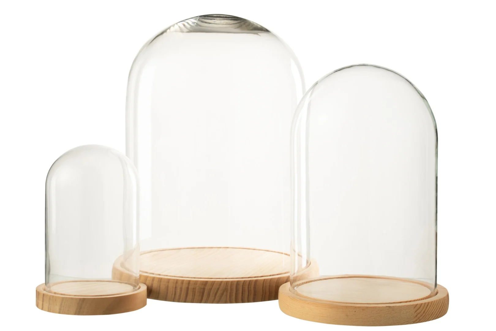 Decoratie Lontano Glas Naturel met glazen stolpen en houten bases in drie formaten