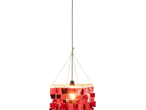 Kroonluchter Brammor Pvc, rode vierkante lampenkap met modern design en glanzende PVC-franjes