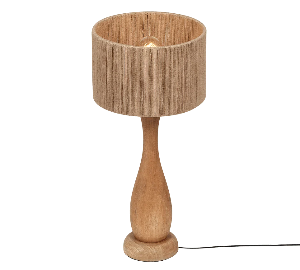 Tafellamp Naaro van hout en jute, 54 cm hoog, met warme natuurlijke uitstraling en snoerschakelaar