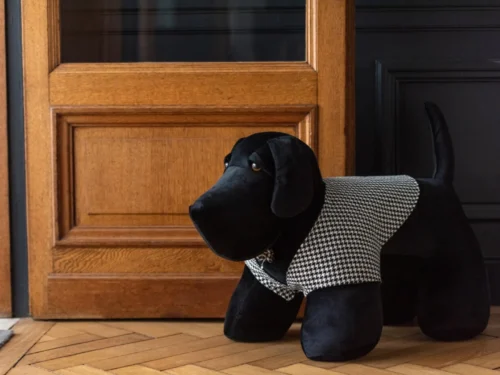 Pauto deurstopper zwart in Dog-vorm met pied-de-poule dessin, stijlvol en stevig voor binnengebruik