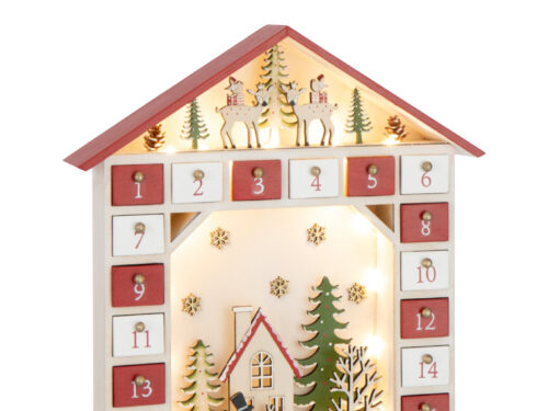 Lamp Josik Multiplex adventskalender in huisvorm, rood-wit met LED-verlichting en winterse kerstdecoratie