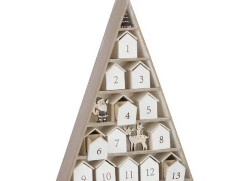 Kunstboom Stauson Multiplex Wit H45 cm, kerstboomvorm met 24 genummerde vakjes en decoratieve huisjes