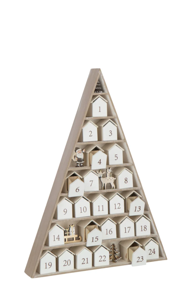 Kunstboom Stauson Multiplex Wit H45 cm, kerstboomvorm met 24 genummerde vakjes en decoratieve huisjes