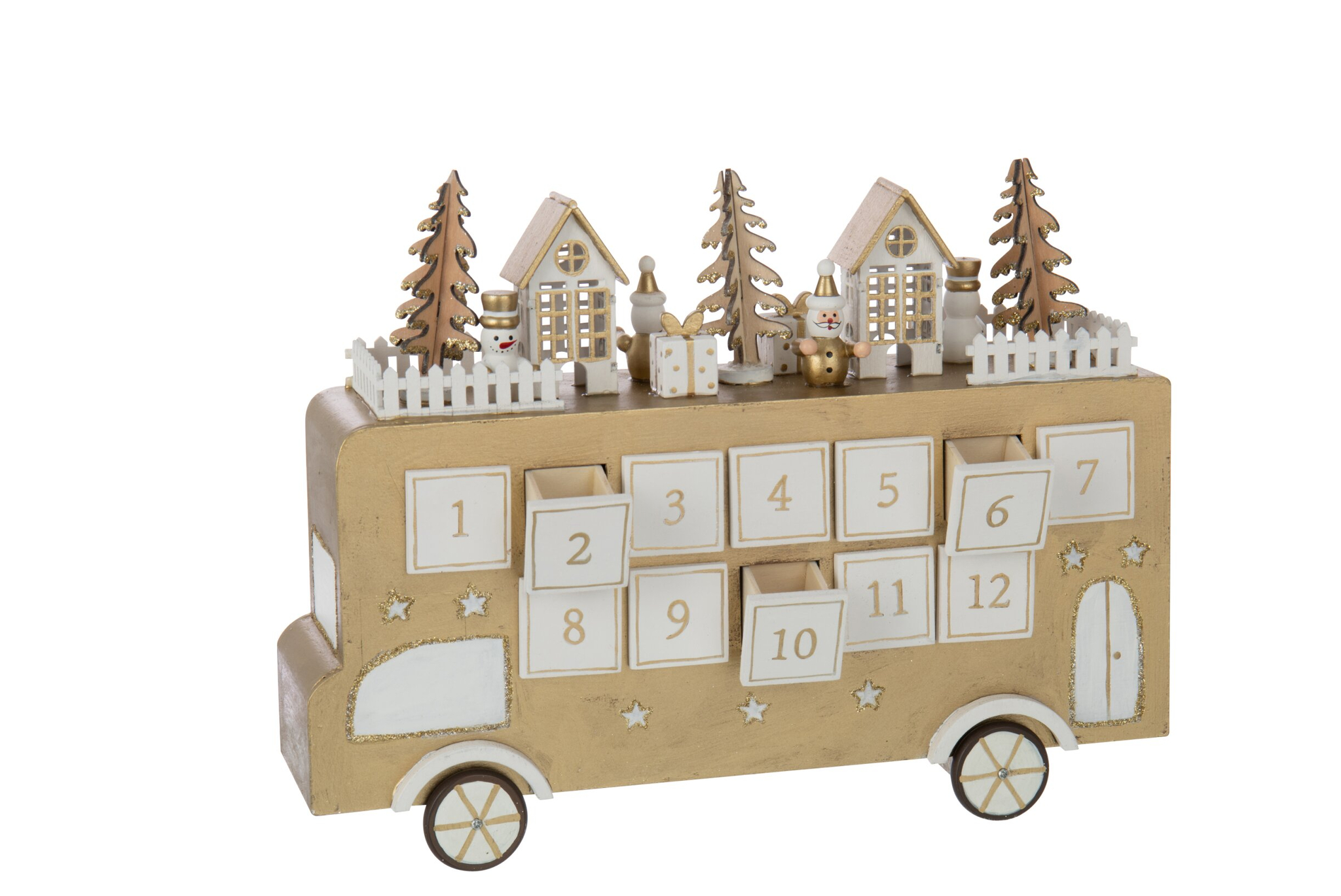 Lamp Kernos Multiplex adventskalender met LED-licht, huisjes en kerstbomen op goudkleurige basis