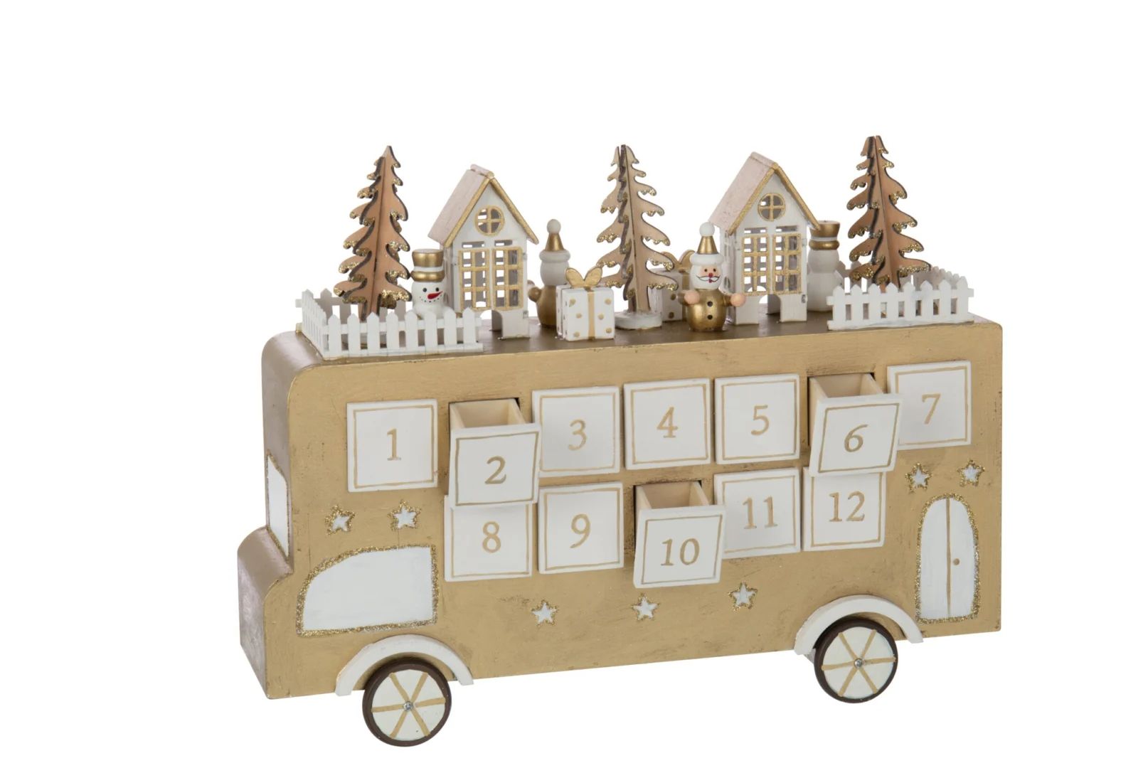 Lamp Kernos Multiplex adventskalender met LED-licht, huisjes en kerstbomen op goudkleurige basis