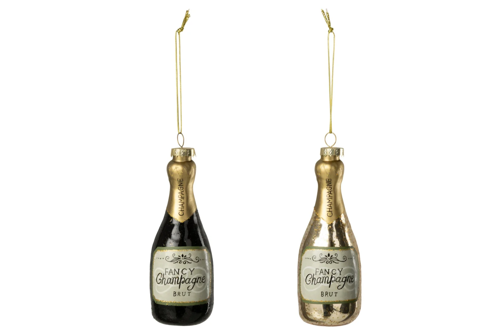Set van 2 Zaannek glasdecoratiehangers champagnefles, zwart en goud met ophangkoord