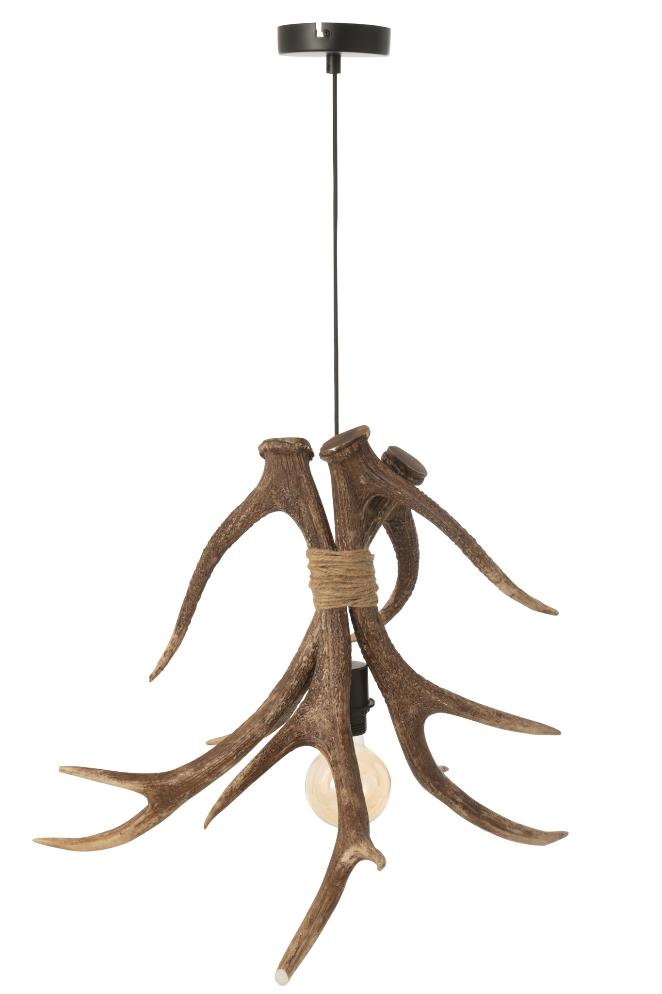 Plafondlamp Guldia van polyresin met bruin gewei-design en touwaccent, natuurlijke blikvanger met speelse vorm