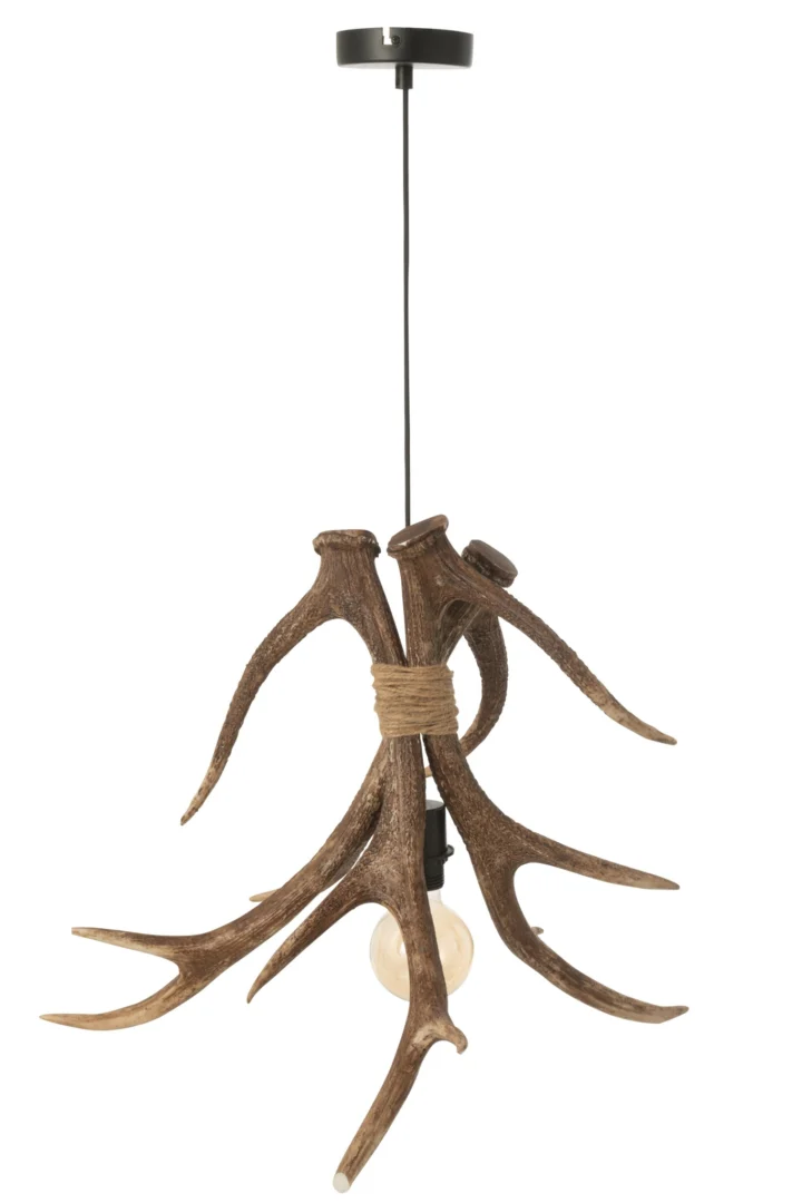 Plafondlamp Guldia van polyresin met bruin gewei-design en touwaccent, natuurlijke blikvanger met speelse vorm
