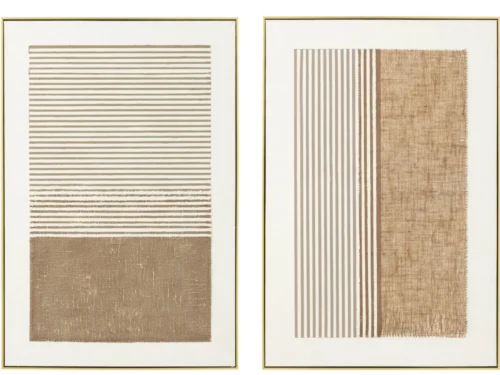 Schilderij Keensa Beige set van 2 met abstracte beige strepen en textuur in slanke gouden lijsten