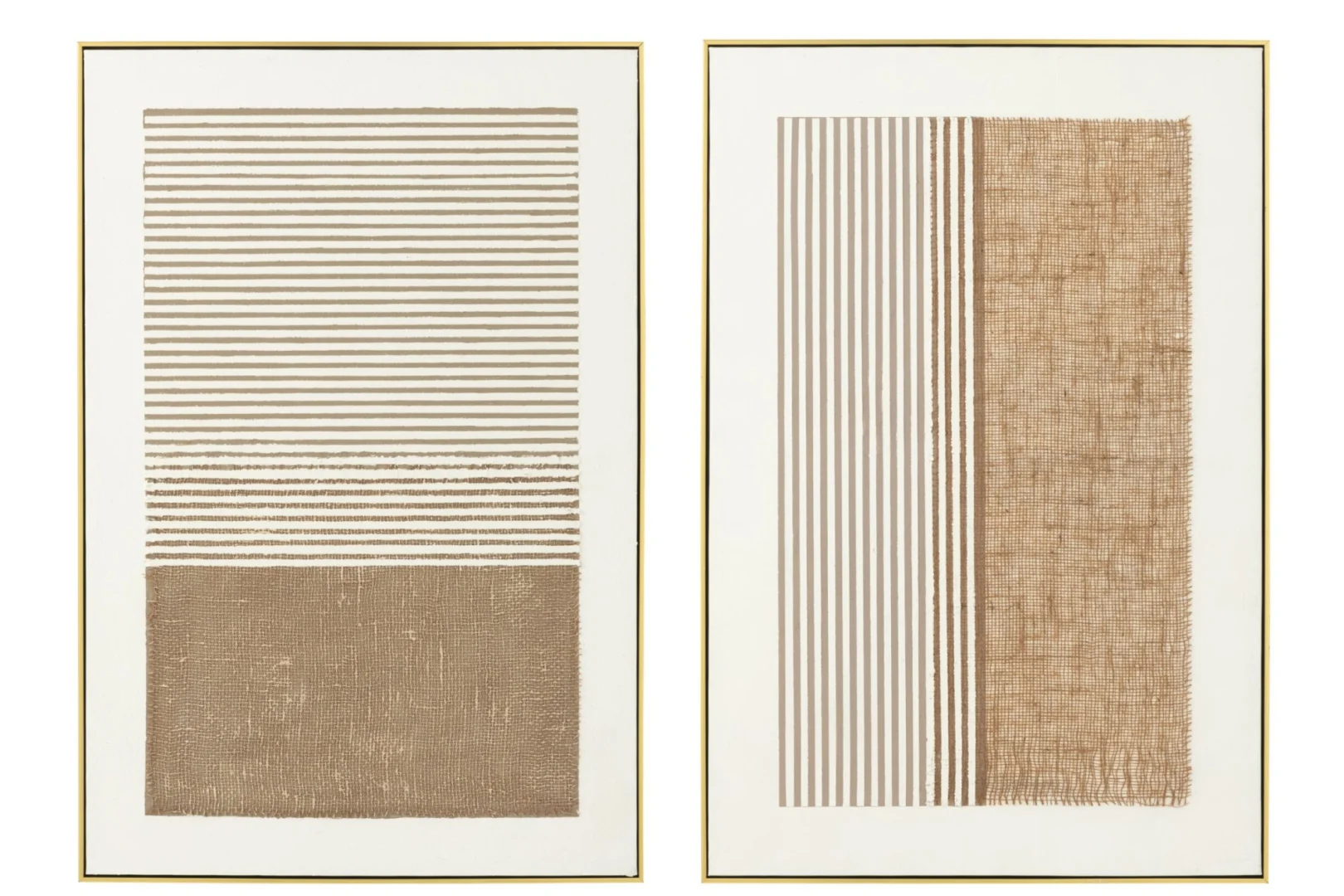 Schilderij Keensa Beige set van 2 met abstracte beige strepen en textuur in slanke gouden lijsten