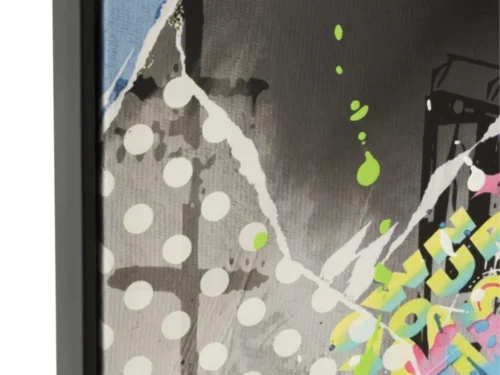 Schilderij Flernund met speelse meerkleurige aapprint, acryl en gelaagde kunst op zwart frame