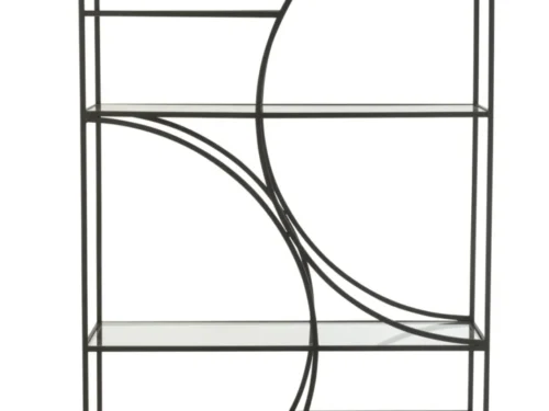 Zwart Rek Feitund Metaal 110 cm met glazen legplanken en sierlijke ronde metalen lijnen