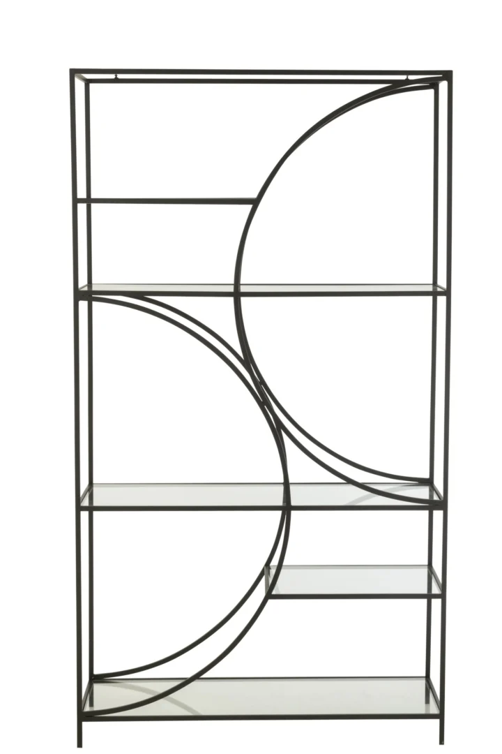 Zwart Rek Feitund Metaal 110 cm met glazen legplanken en sierlijke ronde metalen lijnen