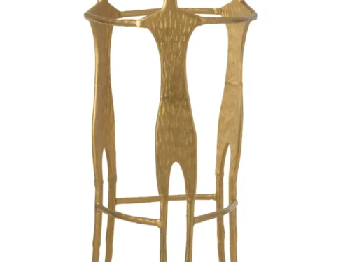 Graaltor gouden aluminium beeld van drie gestileerde figuren, hoog en slank, 150 cm woonaccessoire