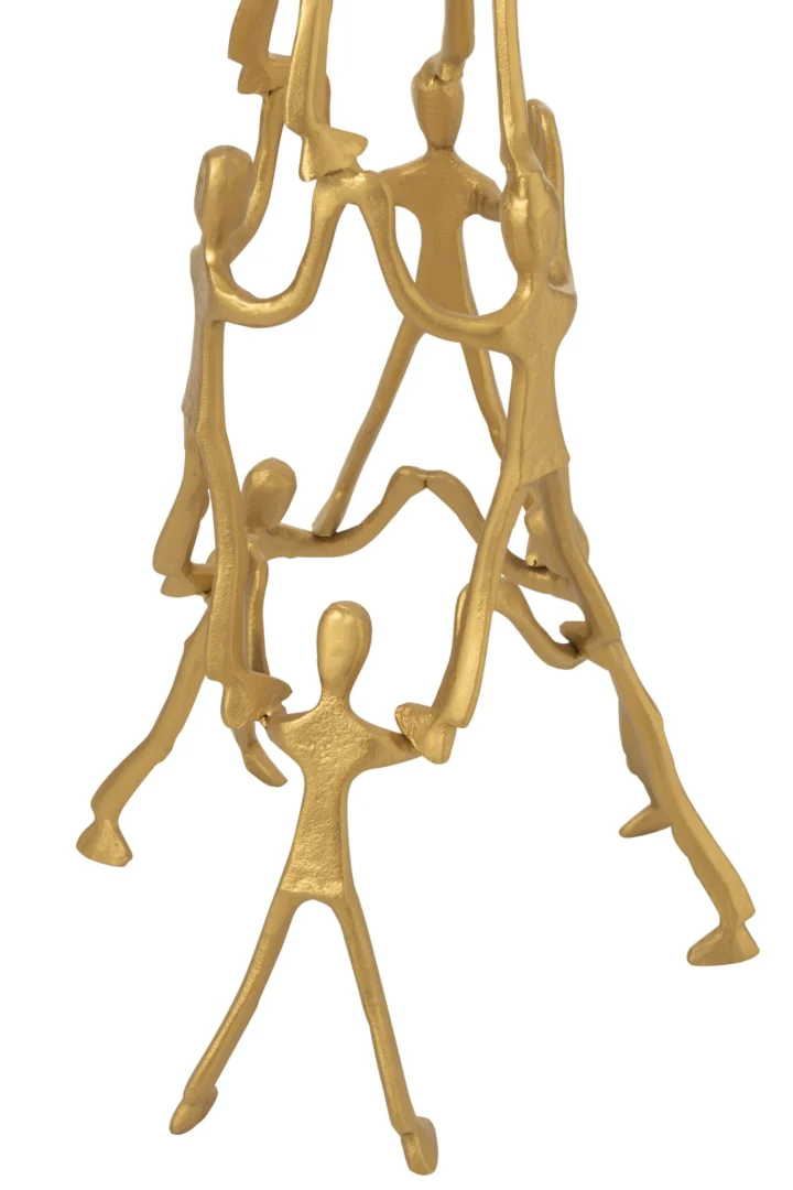 Beeld Prieskang goud aluminium, slanke torenfiguur met abstracte mensfiguren, 147 cm hoog