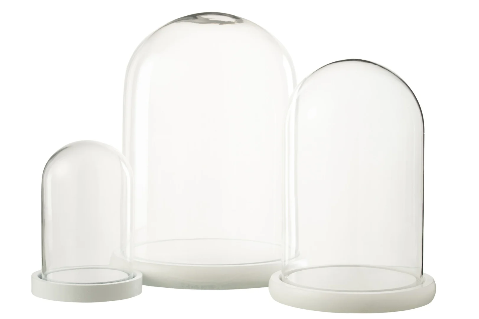 Decoratie Fesu Glas Wit: set van drie glazen stolpen met witte MDF voet, stijlvol en rustig woonaccent