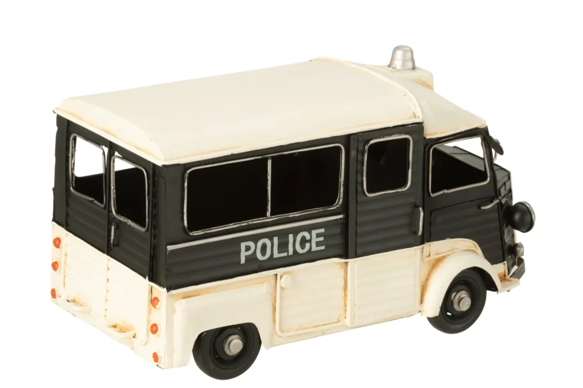 Decoratie Beillona metaal zwart, antieke politiebus in zwart en gebroken wit met stoere vintage uitstraling