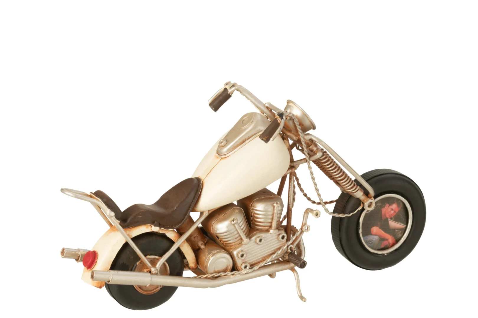 Woonaccessoire Roormil wit metalen motorbeeldje met compacte vintage look en fotolijstwiel