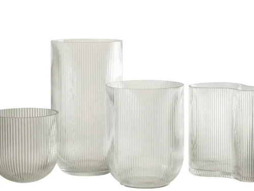 Set van 4 transparante Grassia glazen vazen met gestreept design, inclusief hoge vaas van 30 cm