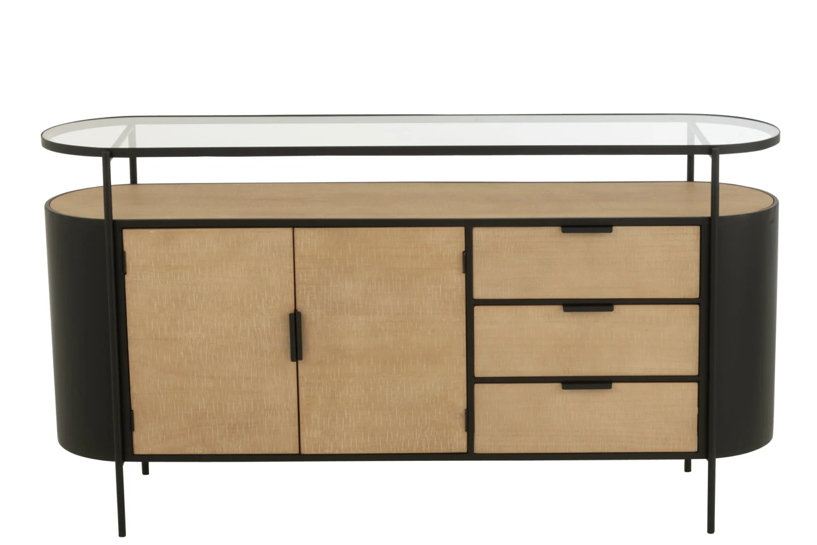 Kast Ovy naturel 150 cm met glas, ijzeren frame, 2 deuren en 3 lades