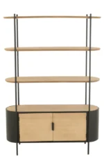Rek Fintoro Metaal 120 cm met naturel houten planken, zwarte ijzeren frame en opbergkast met 2 deuren