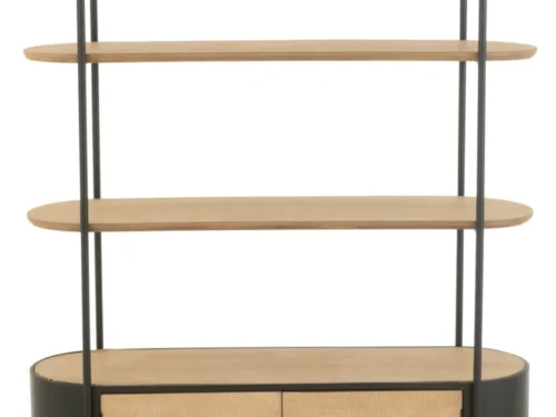Rek Fintoro Metaal 120 cm met naturel houten planken, zwarte ijzeren frame en opbergkast met 2 deuren